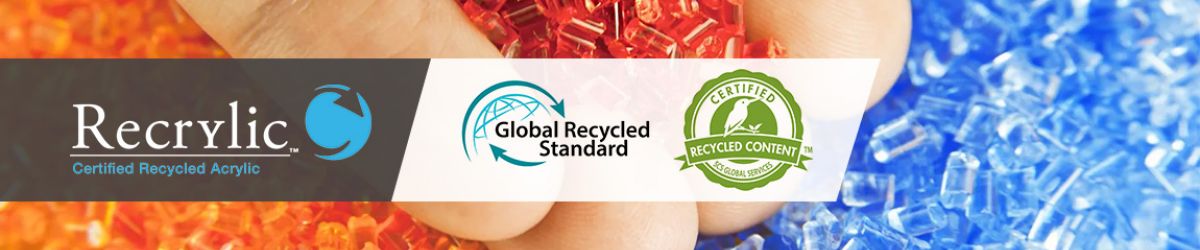 Recrylic logo, Global Recycled Standard logo, SCS Recycled Content logo overlay over red and blue plastic pieces